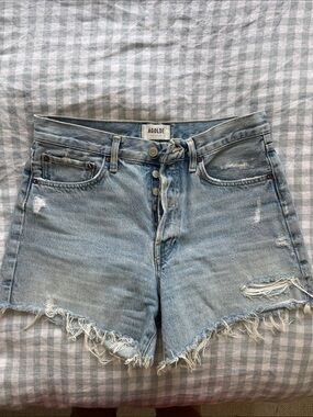 Agolde Parker Long Light Wash High-Rise Frayed Jean Shorts